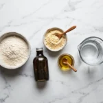 Raw ingredients for seitan roast high protein: vital wheat gluten, chickpea flour, soy sauce, oil