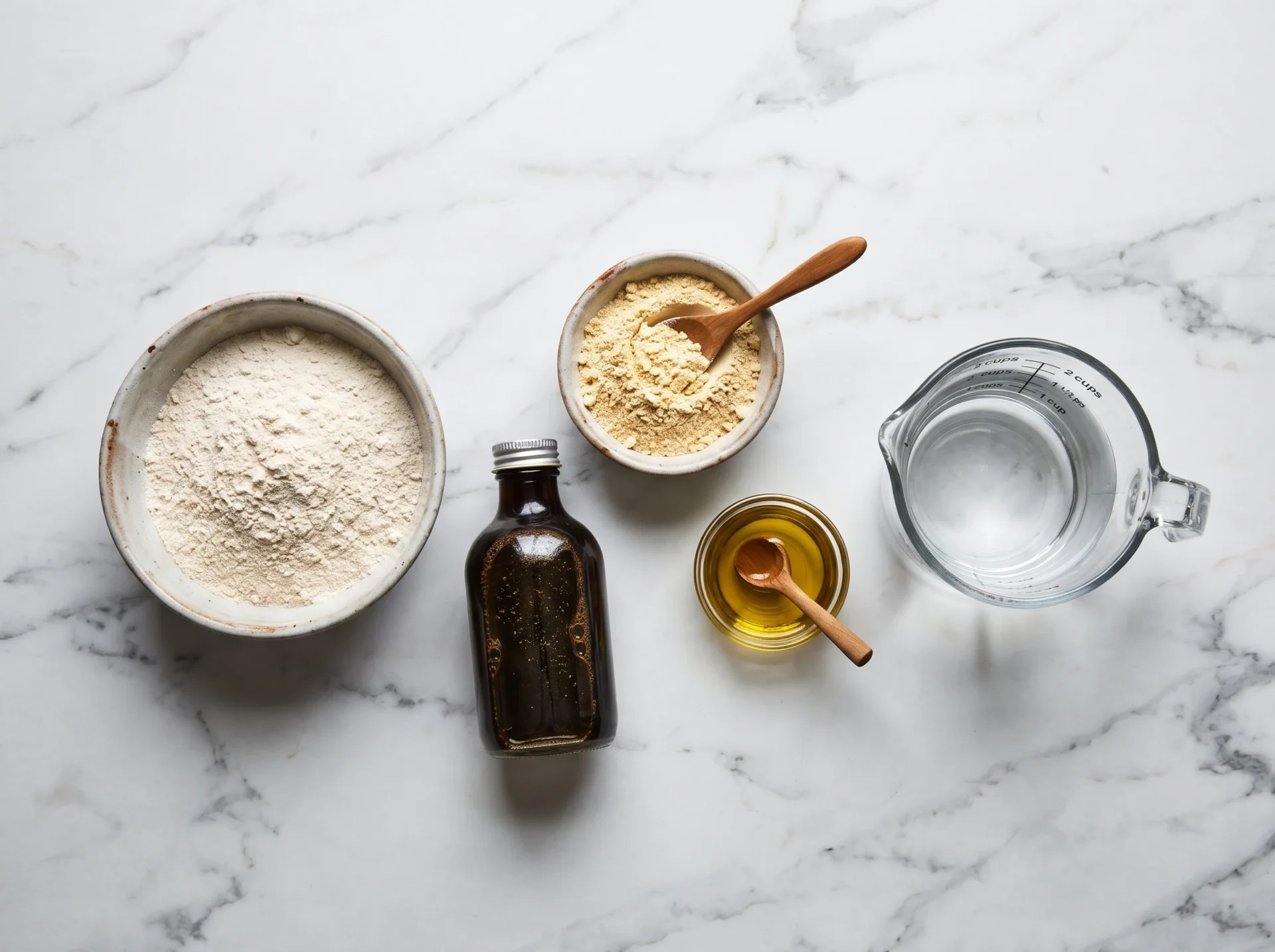 Raw ingredients for seitan roast high protein: vital wheat gluten, chickpea flour, soy sauce, oil