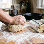 Seitan dough being kneaded on a floured board