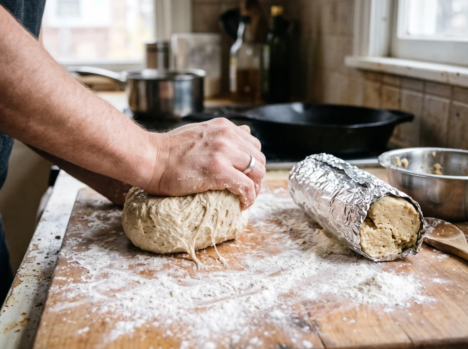 Seitan dough being kneaded on a floured board