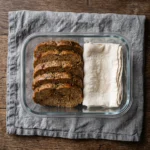 Sliced seitan roast stored in a glass container for meal prep