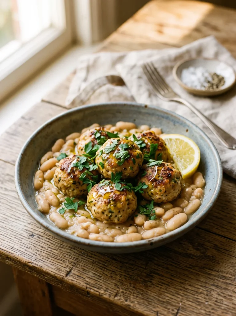 Mediterranean chicken meatballs with lemony white beans in a shallow bowl