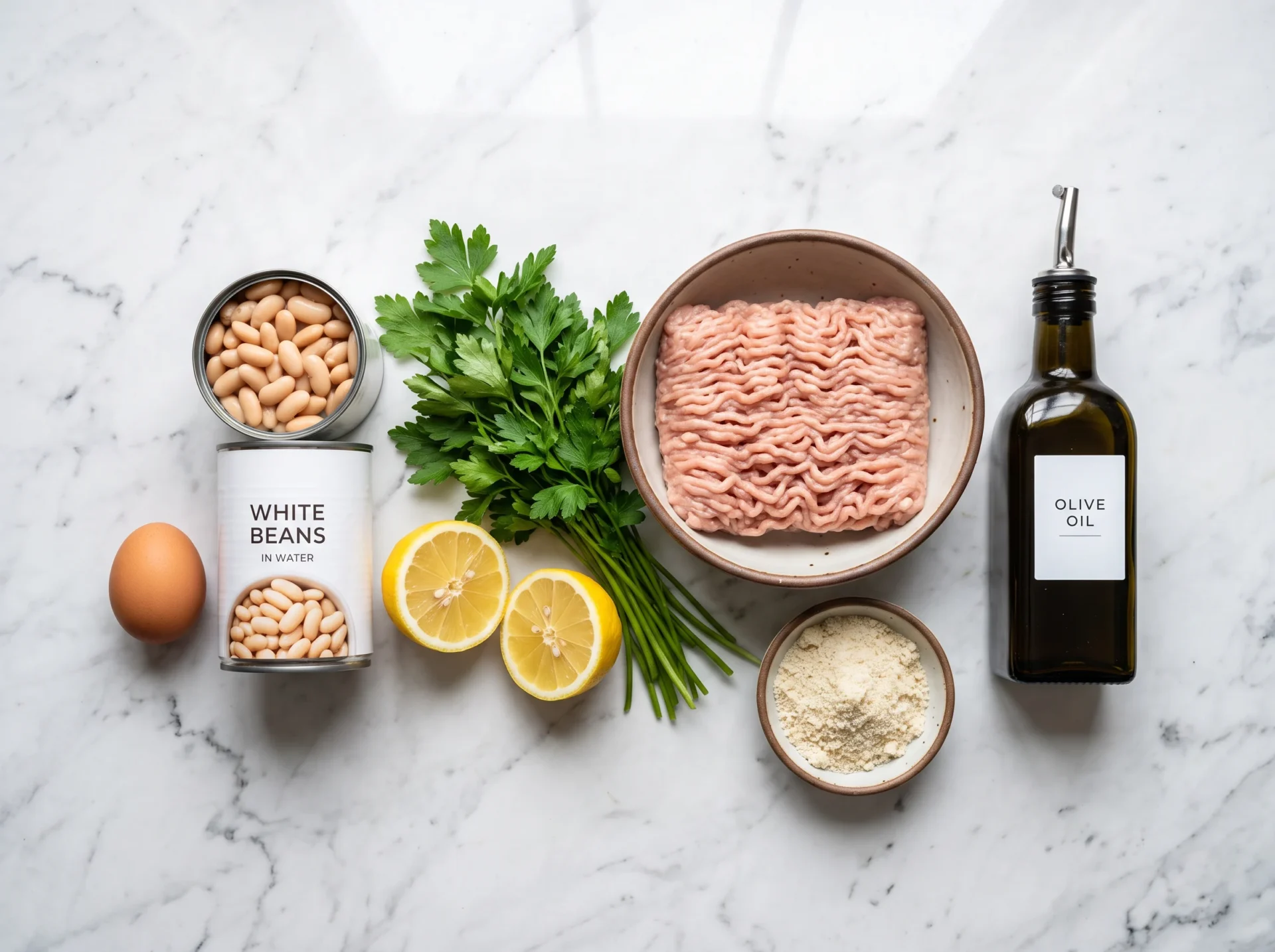 Raw ground chicken, egg, white beans, lemon and parsley for Mediterranean chicken meatballs