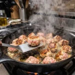 Chicken meatballs browning in olive oil in a cast iron skillet