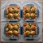 Chicken meatballs and white beans portioned into meal-prep containers