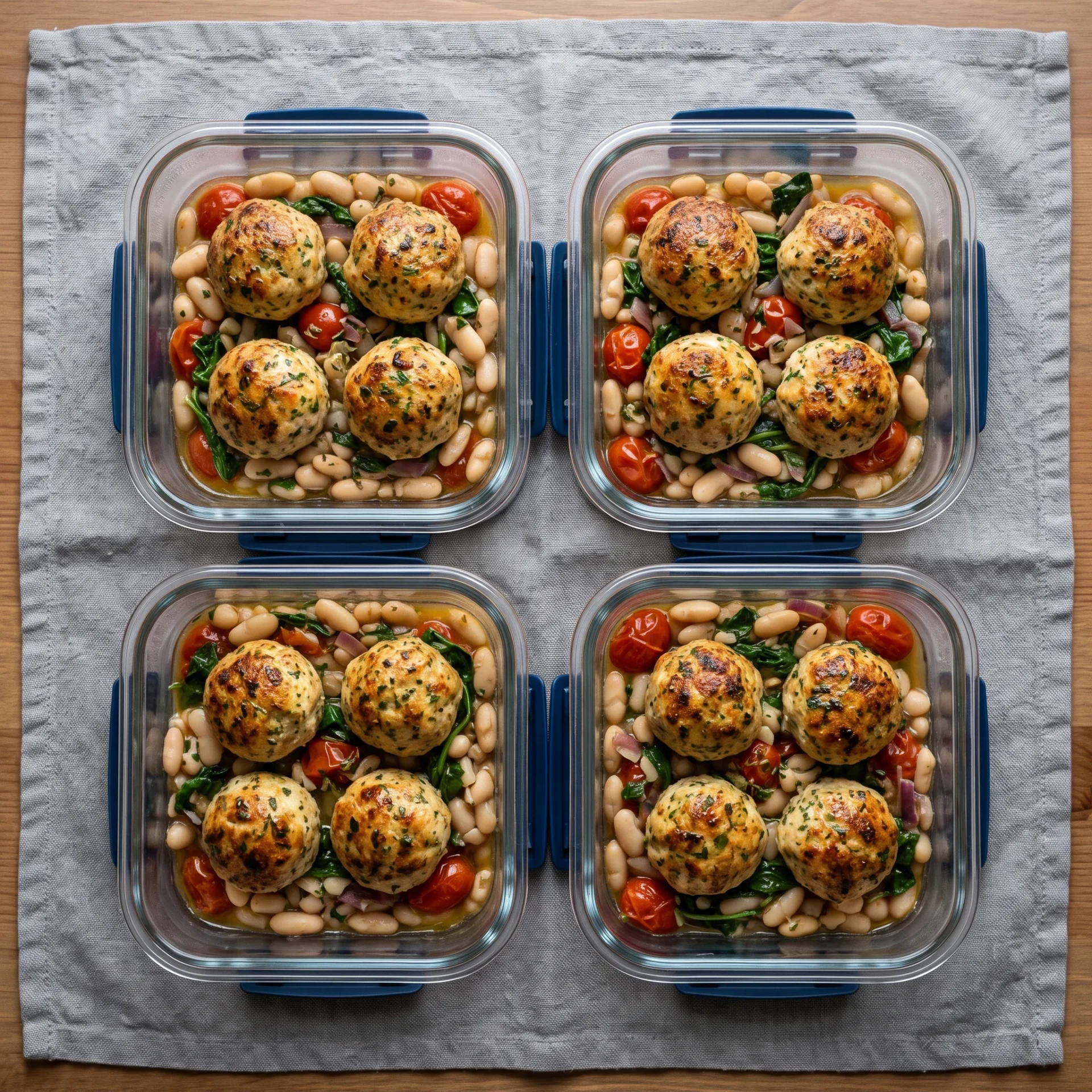 Chicken meatballs and white beans portioned into meal-prep containers