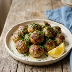Baked Greek meatballs keftedes on a matte ceramic platter with olive oil, parsley and lemon.