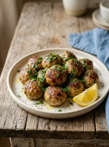 Baked Greek meatballs keftedes on a matte ceramic platter with olive oil, parsley and lemon.
