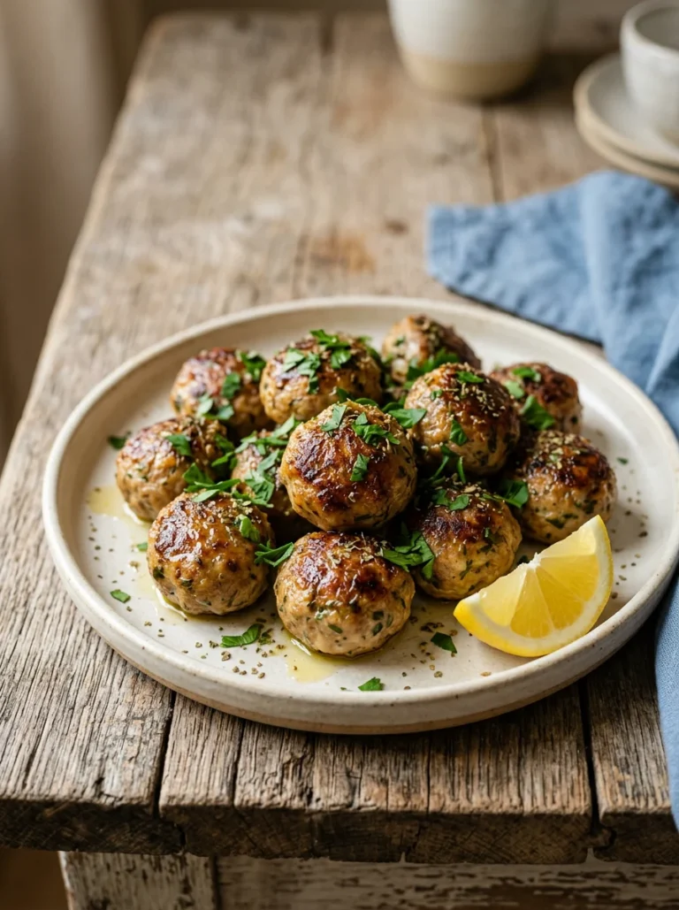 Baked Greek meatballs keftedes on a matte ceramic platter with olive oil, parsley and lemon.