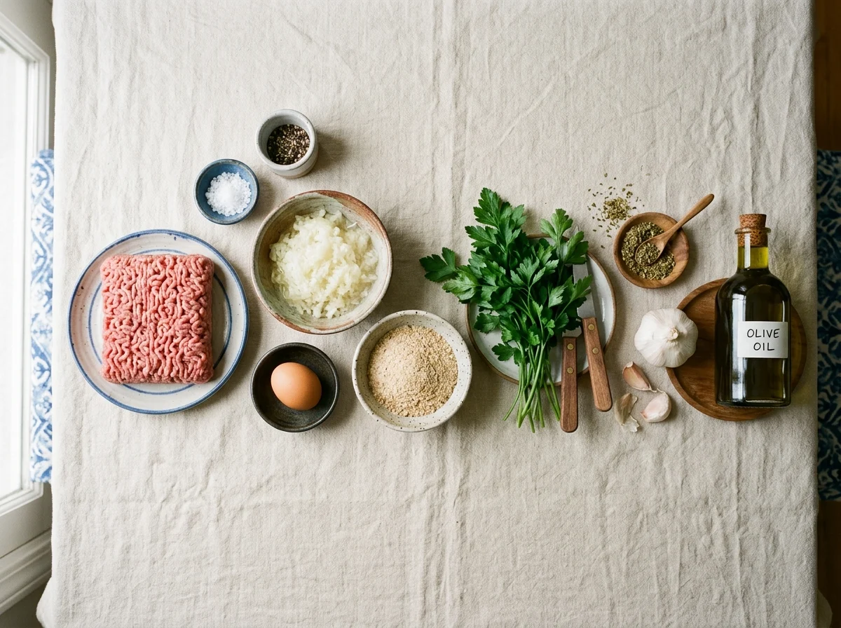 Raw ground beef, grated onion, egg, breadcrumbs, parsley, oregano, garlic and olive oil laid out for keftedes.