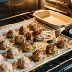 Baked meatballs on a parchment-lined tray in the oven, some browned and one being turned with a spatula.
