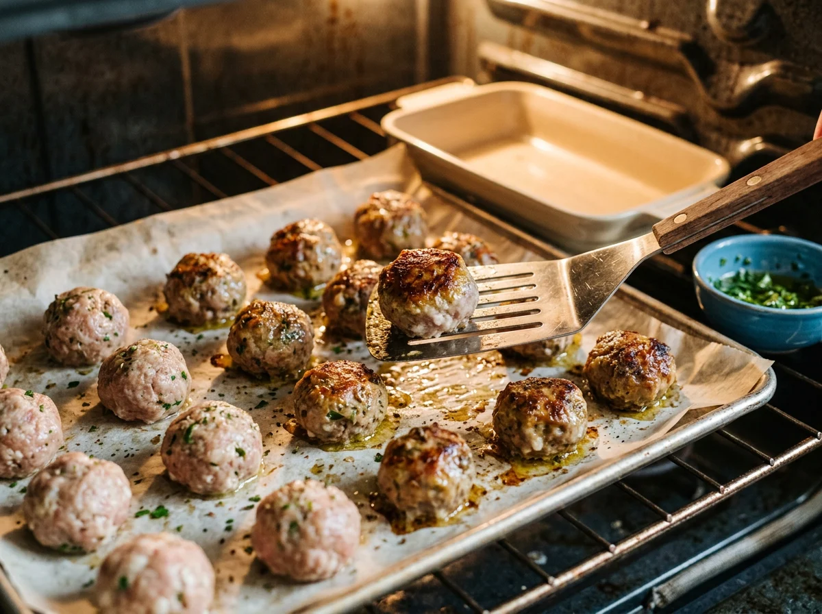 Baked meatballs on a parchment-lined tray in the oven, some browned and one being turned with a spatula.