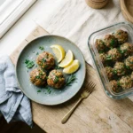 Four baked keftedes on a plate beside a meal-prep container with the rest, on pale oak.