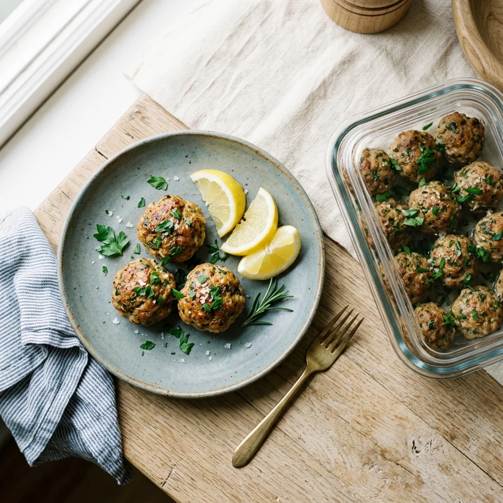 Four baked keftedes on a plate beside a meal-prep container with the rest, on pale oak.