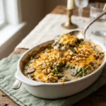 Keto green bean casserole with mushrooms and melted cheddar in a white baking dish.