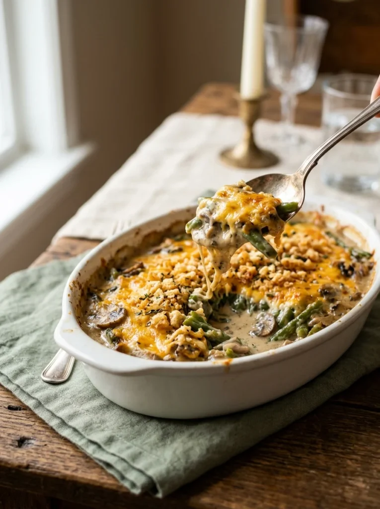 Keto green bean casserole with mushrooms and melted cheddar in a white baking dish.