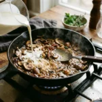 Mushrooms and onion browning in a skillet with cream being poured in, the sauce thickening.
