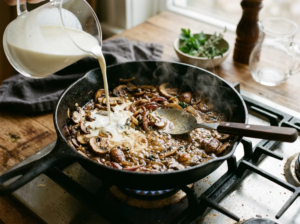 Mushrooms and onion browning in a skillet with cream being poured in, the sauce thickening.