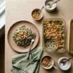 A portion of green bean casserole beside a container with the rest, on pale oak.