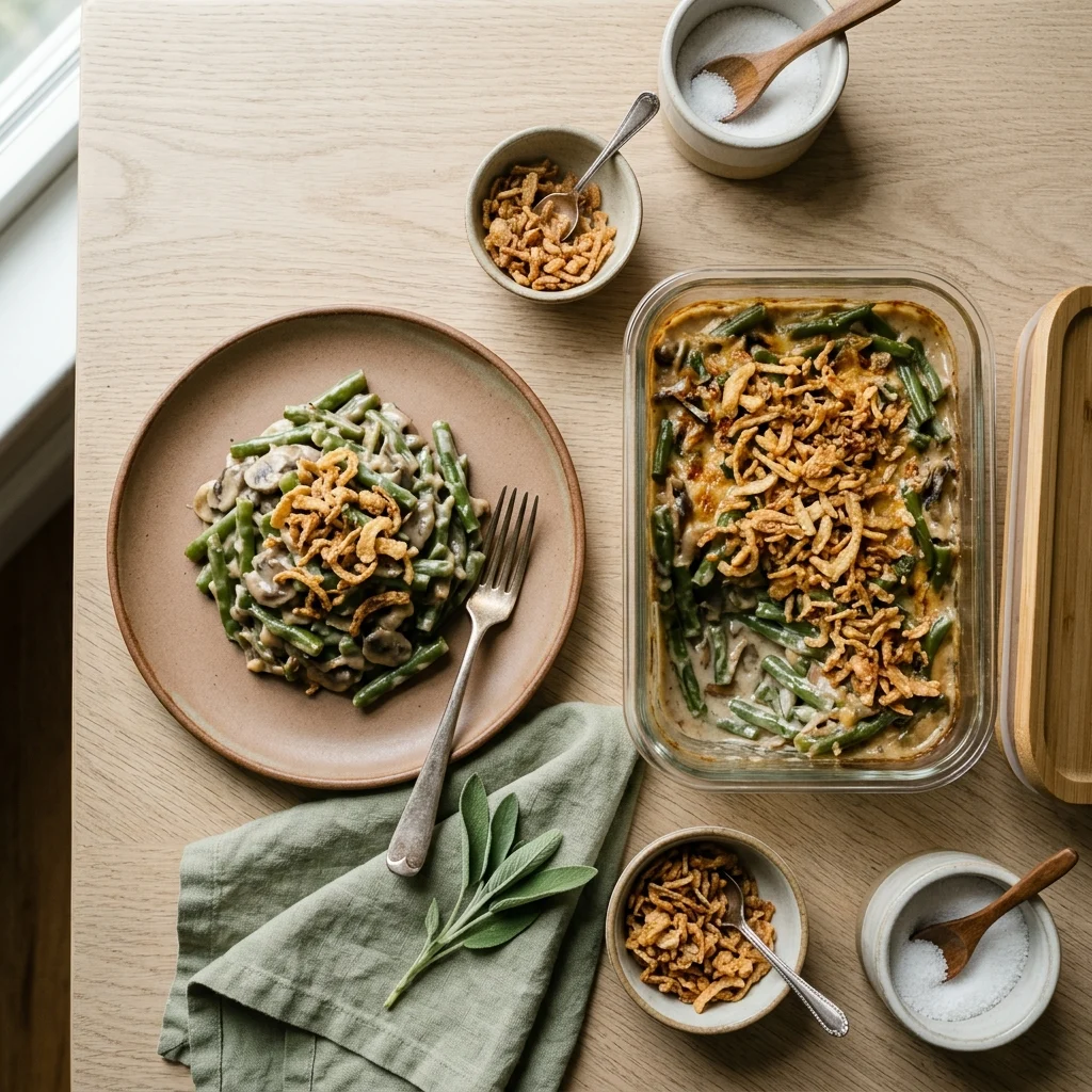A portion of green bean casserole beside a container with the rest, on pale oak.